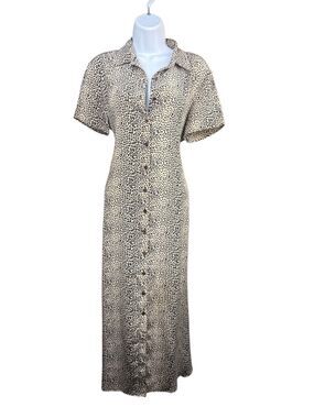 Vintage Robbie Bee 100% Silk Leopard Maxi Shirt Dress 10P Petite Leopard Print